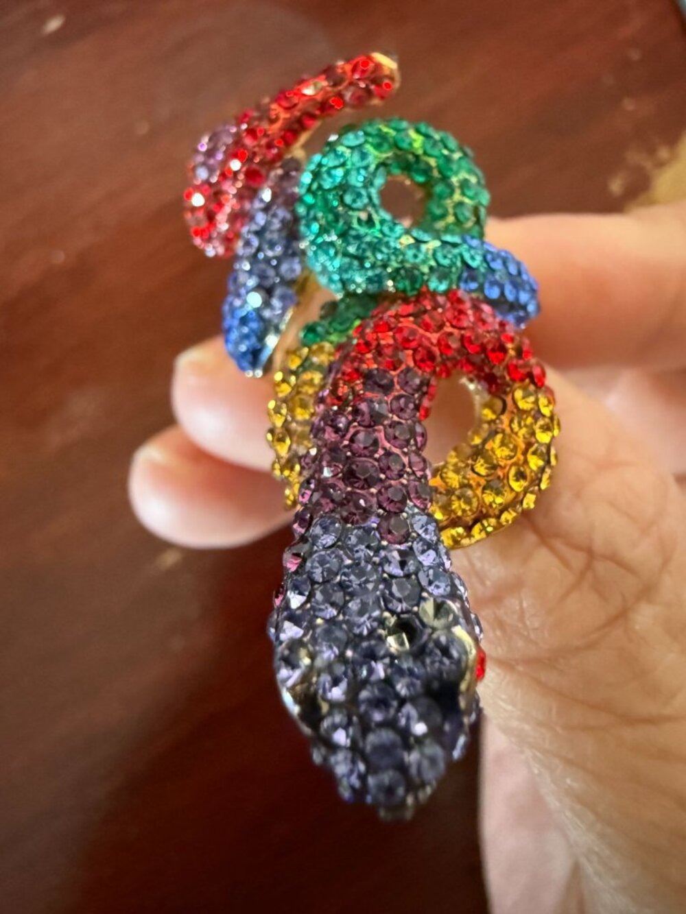 Rainbow Rhinestone Coiled Snake Statement Ring Gold Tone Multicolor Size 6 - Picture 6 of 6
